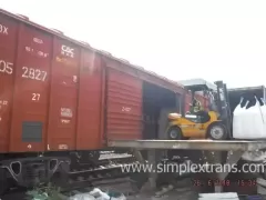 Transshipment of sugar in big bags from sea containers to covered wagons in the port of Poti and Batumi Georgia.